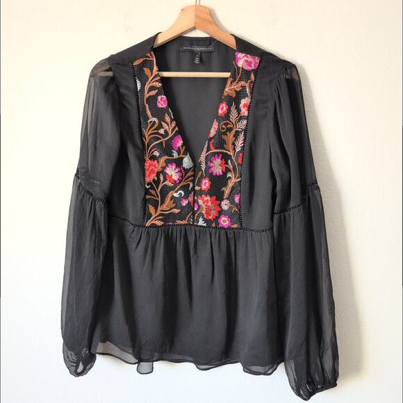 WHBM Peplum Top Blouse Long Sleeve Chiffon Embroidered Bishop Empire Size 10 - Picture 9 of 11